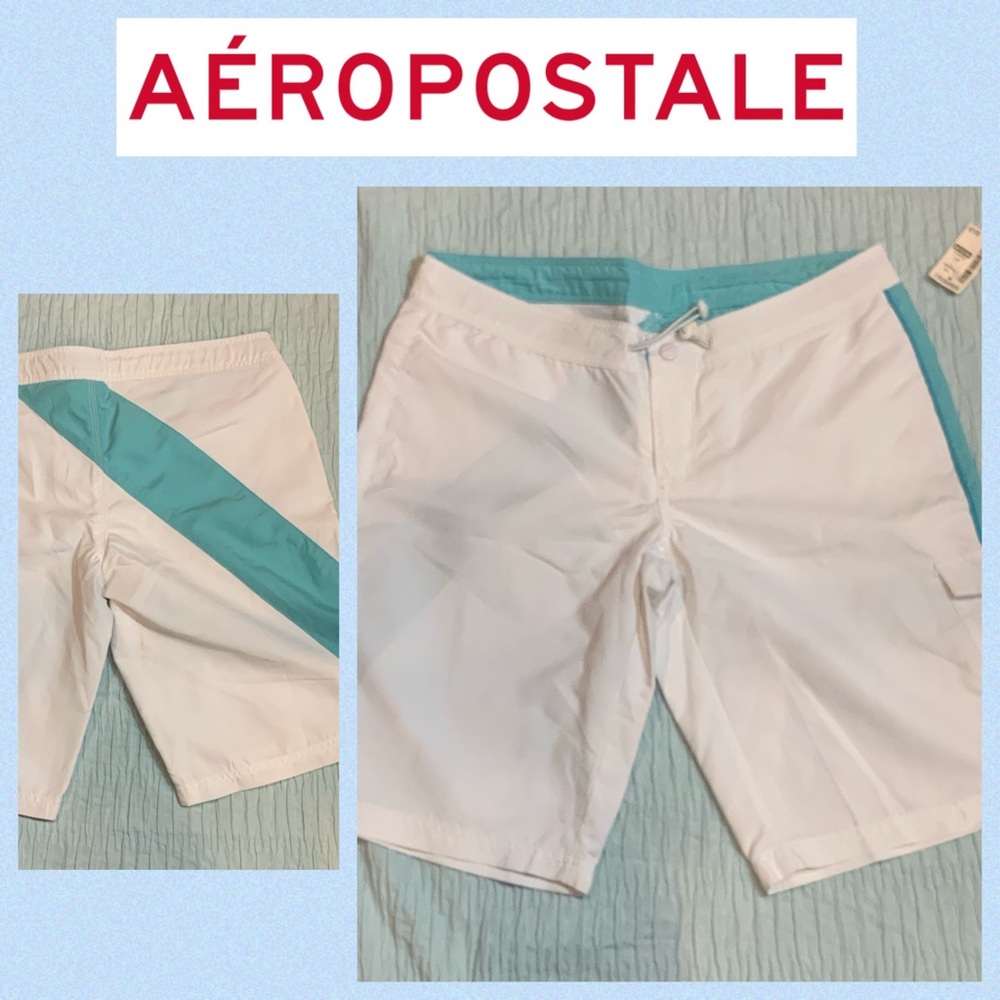 Men’s White & Teal Unlined Velcro Swim Shorts Med